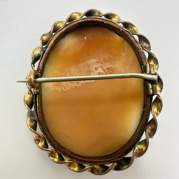 Antique Victorian gold filled woman with dog bridge carved shell cameo brooch - Picture 6 of 9